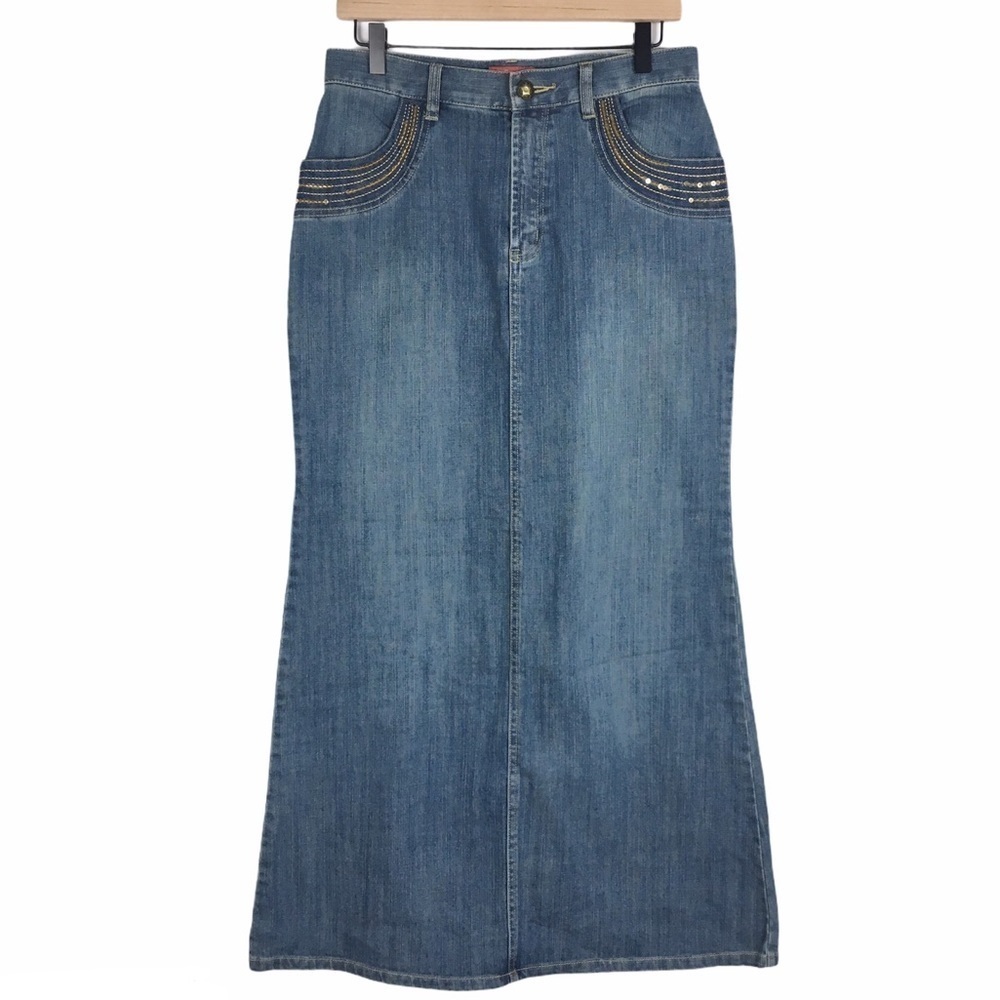 STYLE J Denim Jean Maxi Skirt Long Sequin Y2K Boho Fairy Core Embroidered Size 8 - Picture 12 of 12